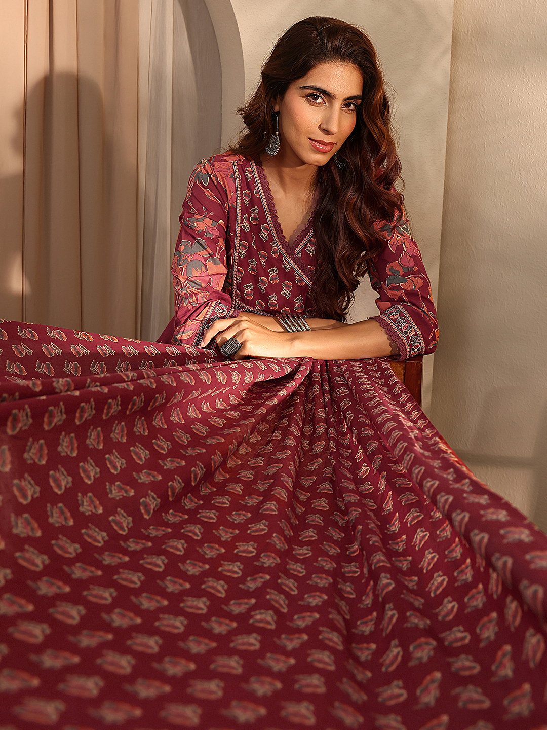 Rust Printed Cotton A-Line Kurta with Trousers and Dupatta Set