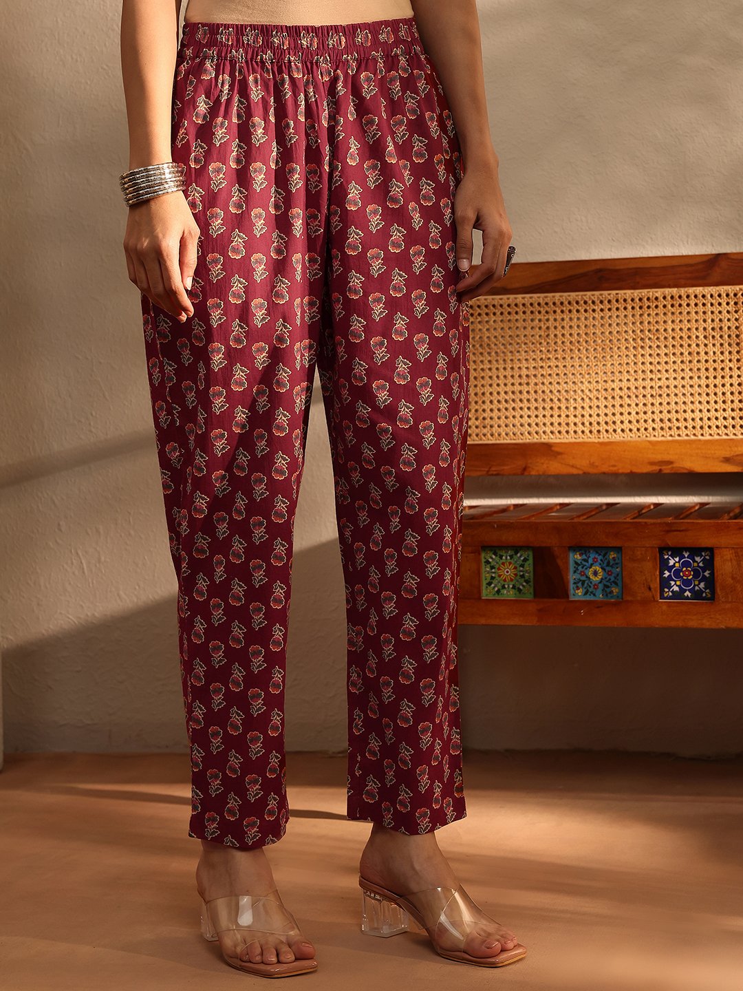 Rust Printed Cotton A-Line Kurta with Trousers and Dupatta Set