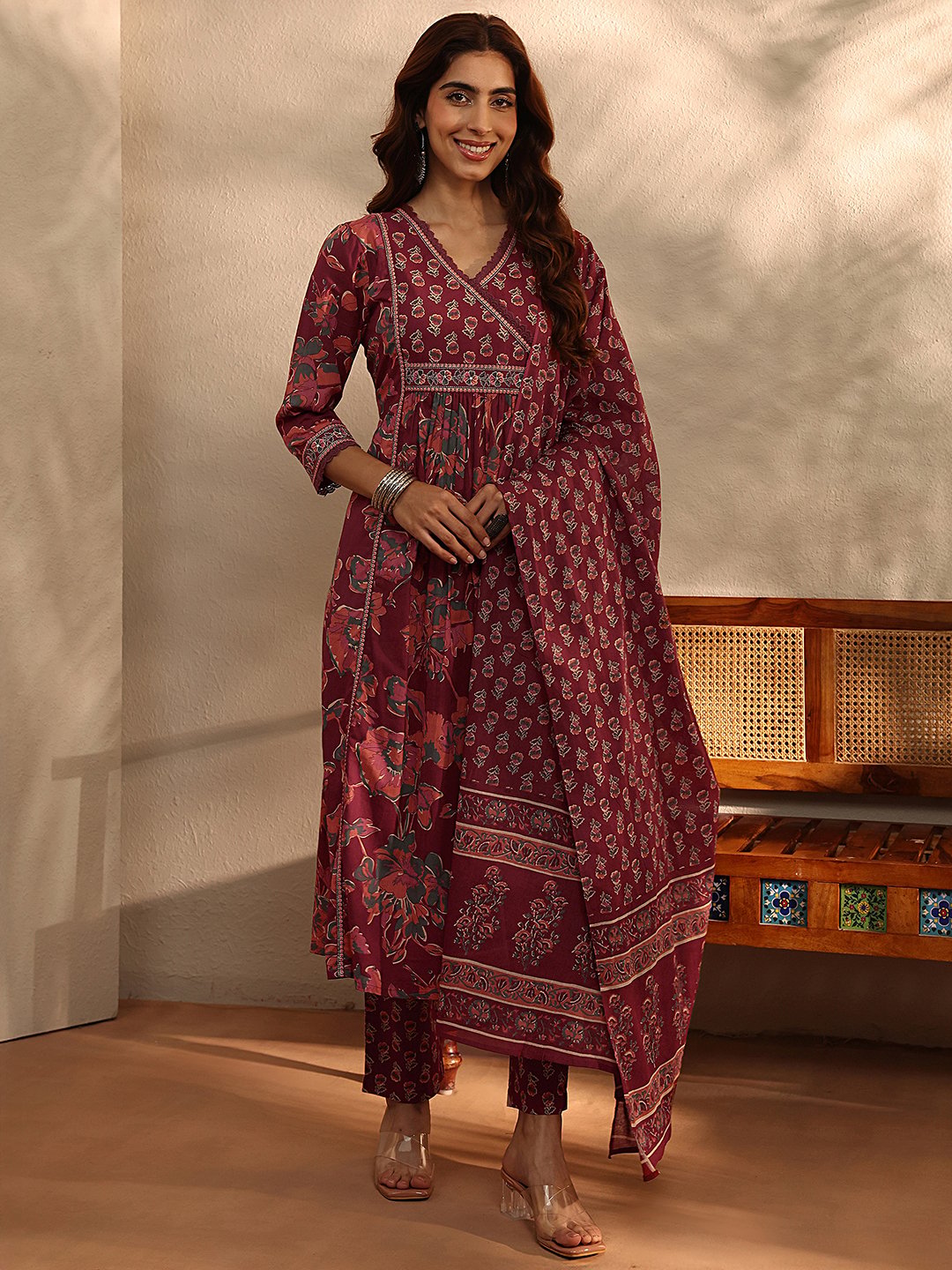 Rust Printed Cotton A-Line Kurta with Trousers and Dupatta Set