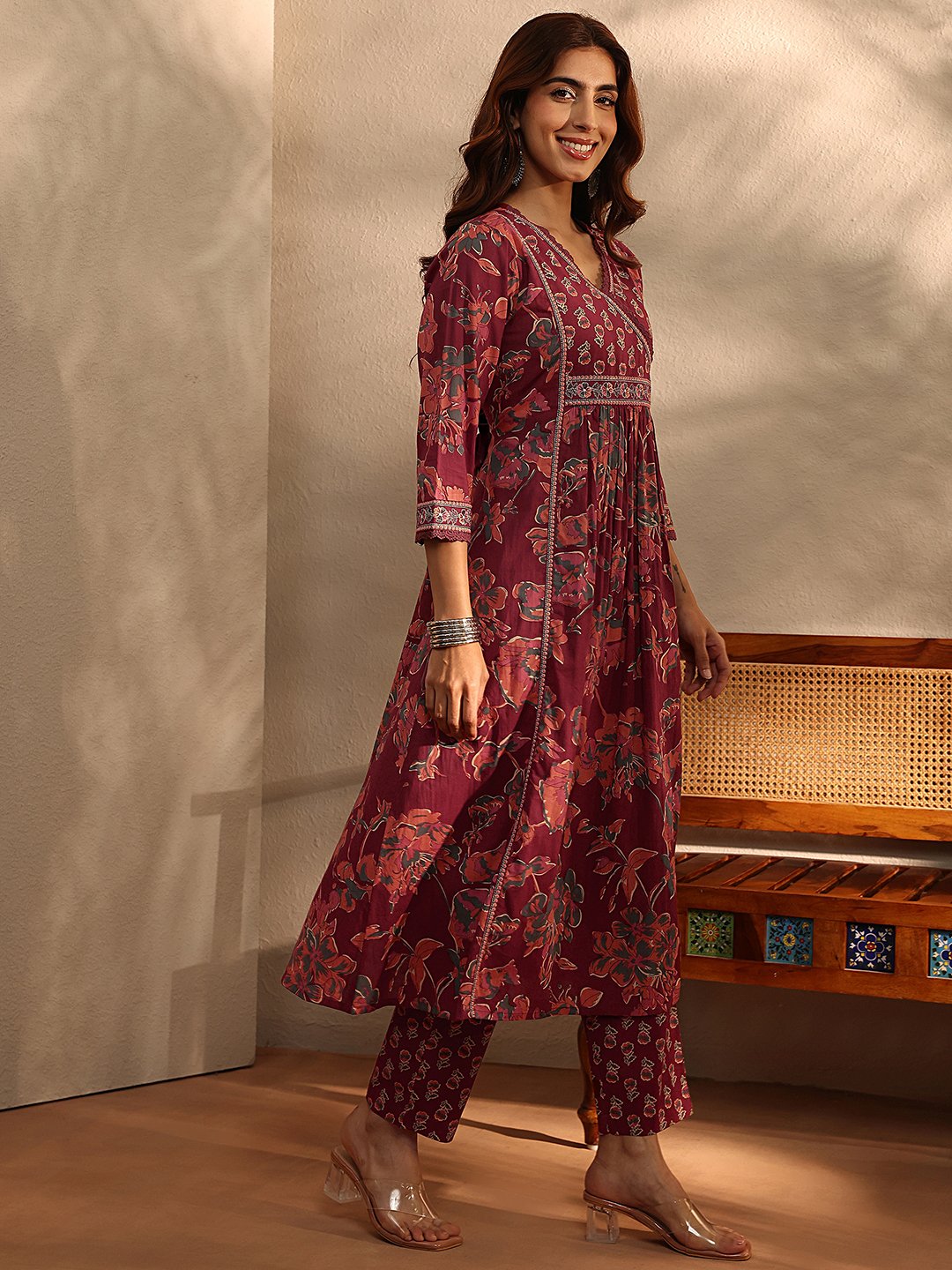 Rust Printed Cotton A-Line Kurta with Trousers and Dupatta Set