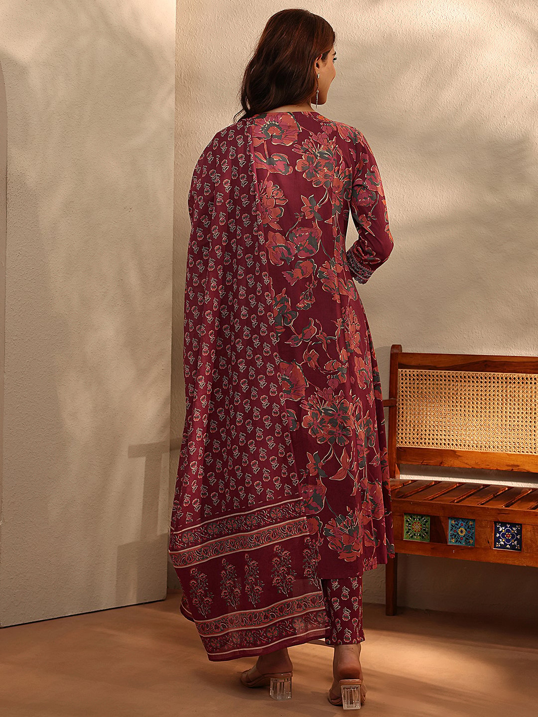 Rust Printed Cotton A-Line Kurta with Trousers and Dupatta Set
