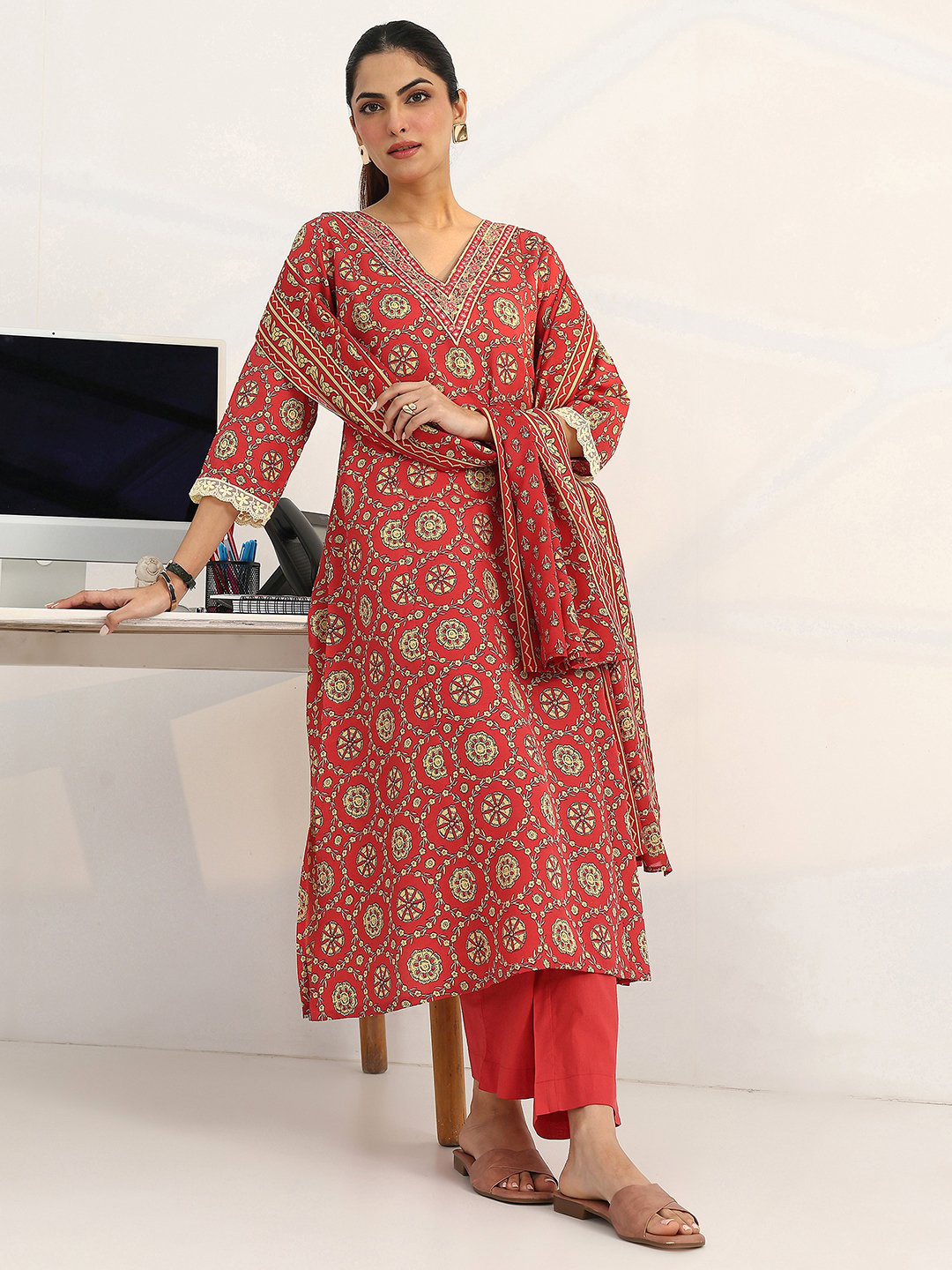 Coral Printed Cotton A-Line Kurta with Trousers and Dupatta Set