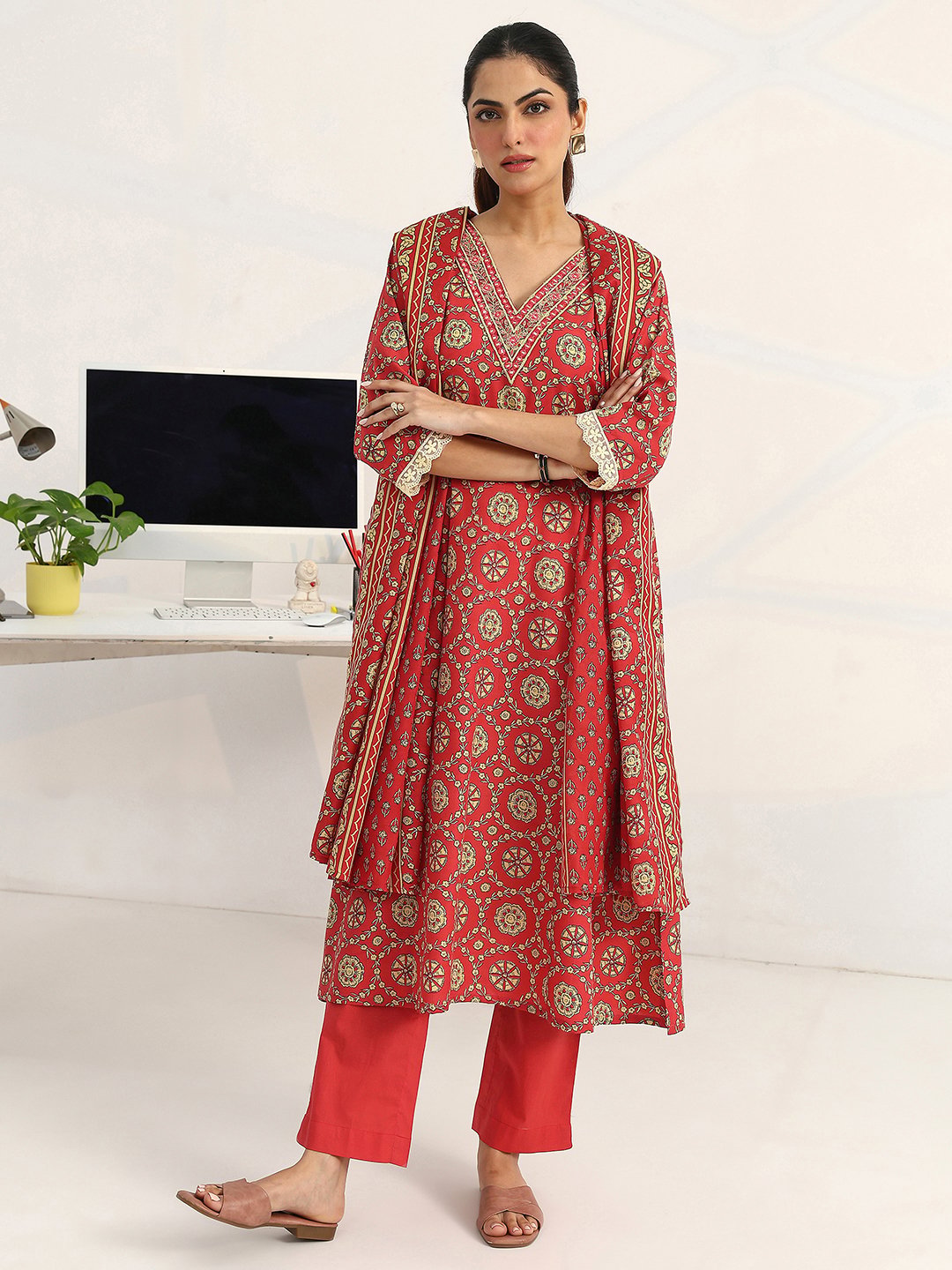 Coral Printed Cotton A-Line Kurta with Trousers and Dupatta Set