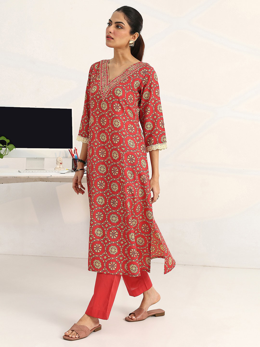 Coral Printed Cotton A-Line Kurta with Trousers and Dupatta Set