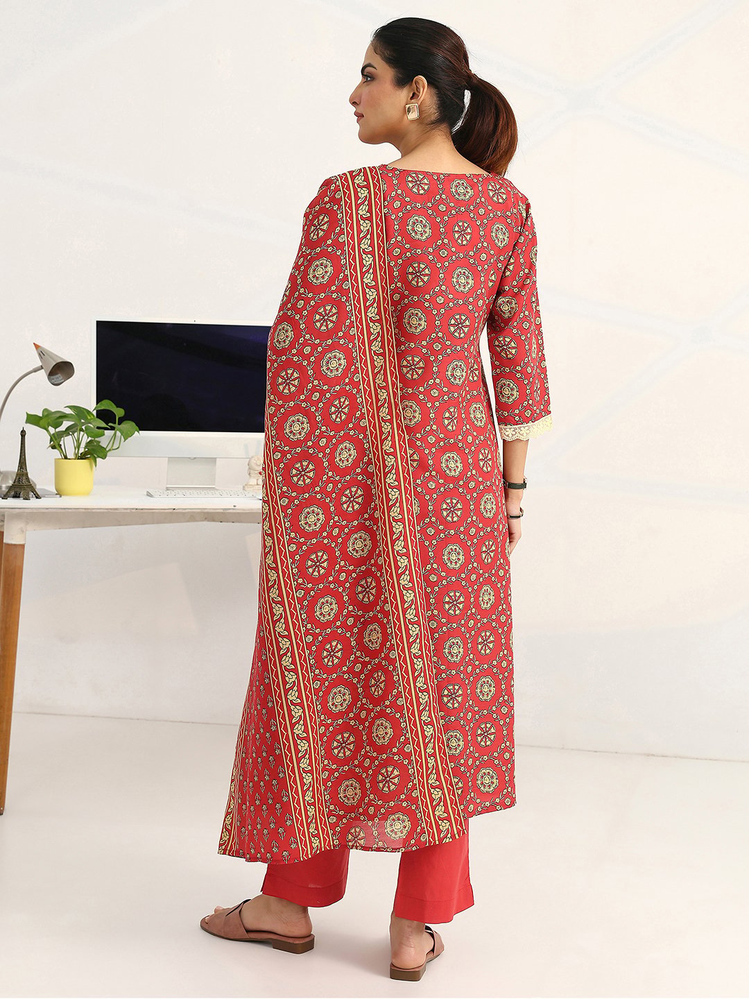 Coral Printed Cotton A-Line Kurta with Trousers and Dupatta Set