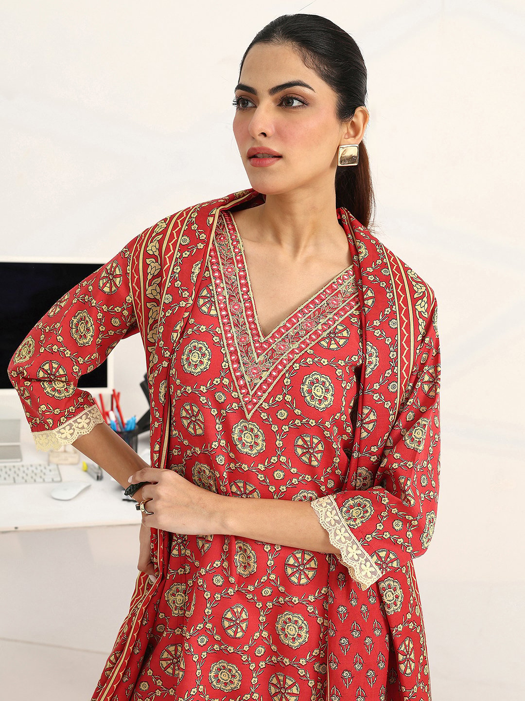 Coral Printed Cotton A-Line Kurta with Trousers and Dupatta Set