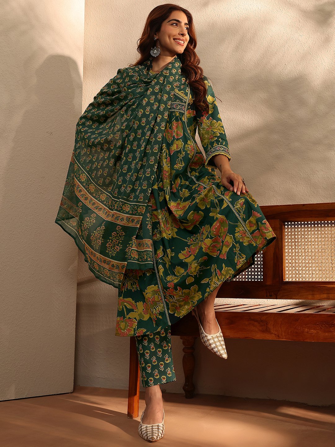 Green Printed Cotton A-line Kurta with Trousers and Dupatta Set