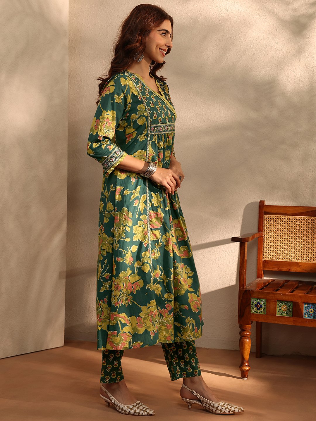 Green Printed Cotton A-line Kurta with Trousers and Dupatta Set
