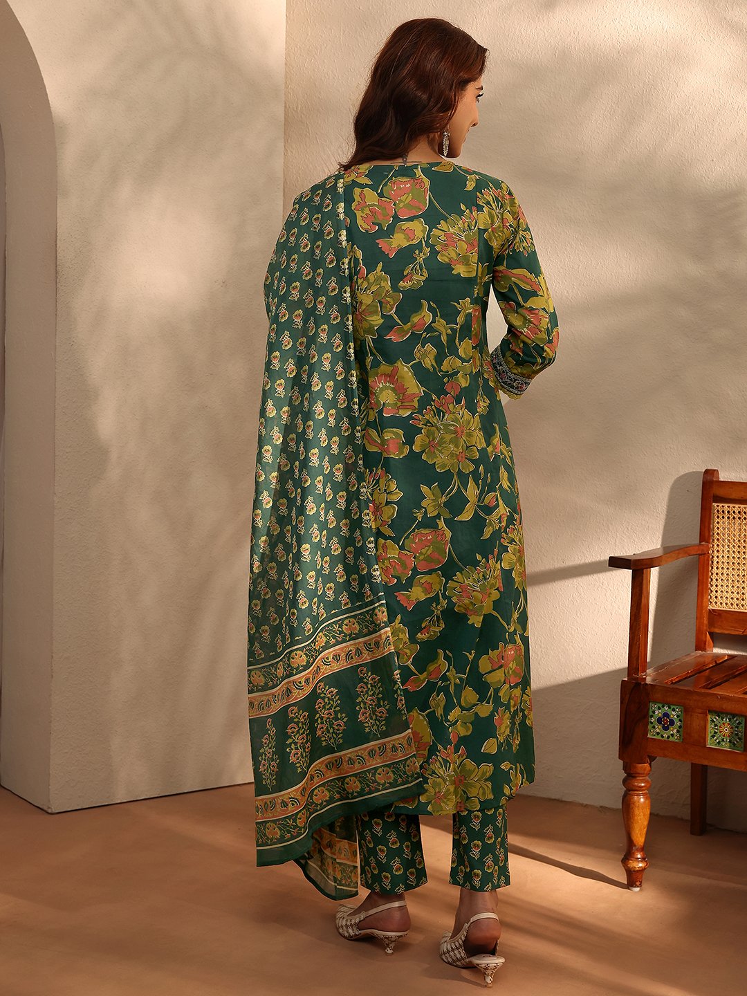 Green Printed Cotton A-line Kurta with Trousers and Dupatta Set