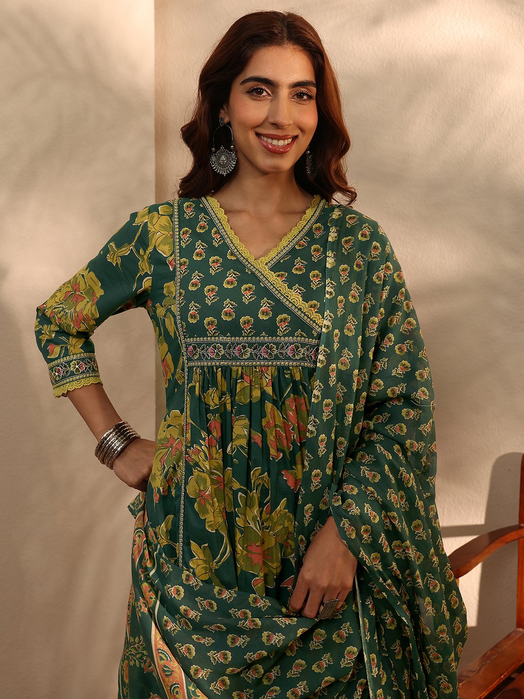 Green Printed Cotton A-line Kurta with Trousers and Dupatta Set