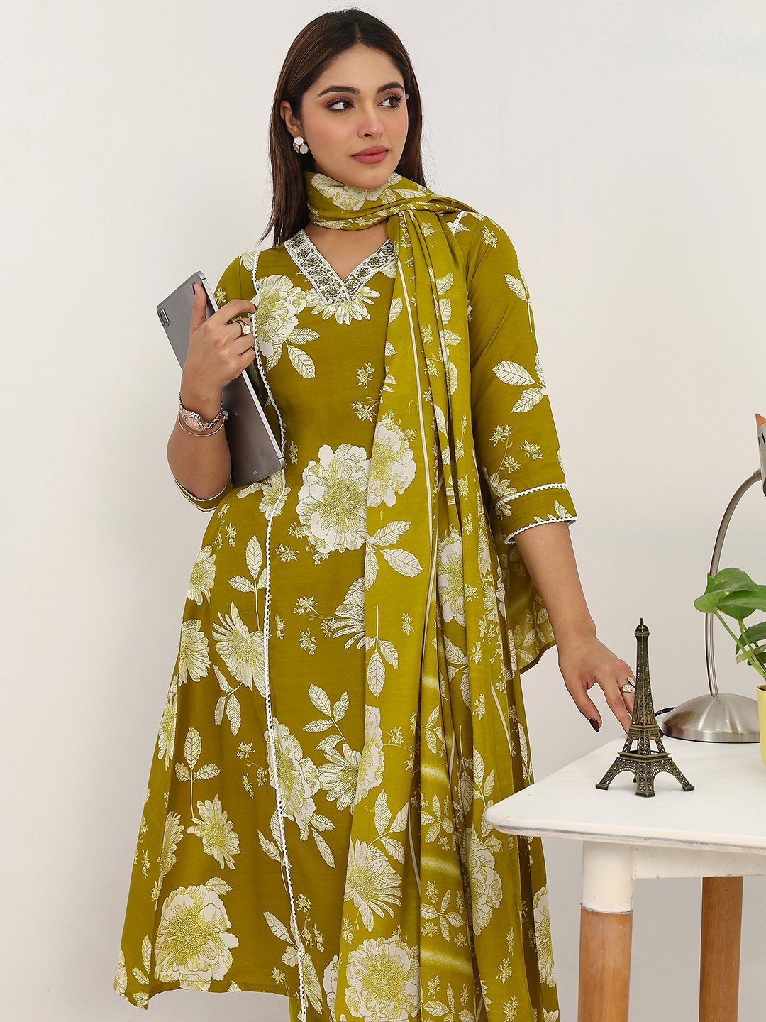 Green Printed Cotton A-Line Kurta with Trousers and Dupatta Set