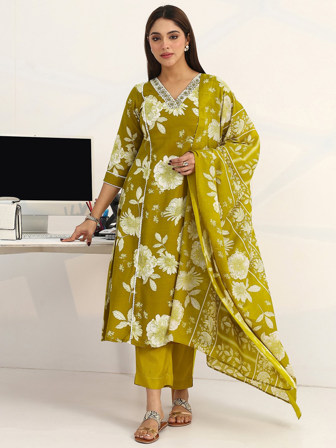 Green Printed Cotton A-Line Kurta with Trousers and Dupatta Set