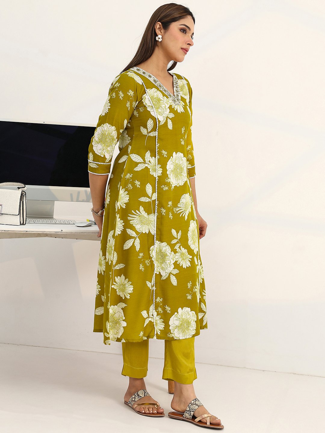 Green Printed Cotton A-Line Kurta with Trousers and Dupatta Set