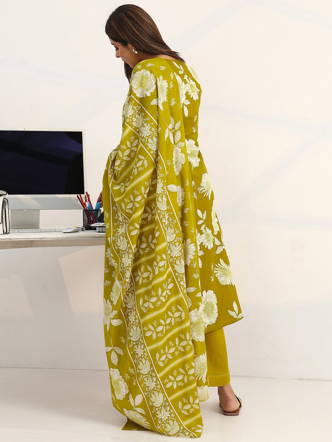 Green Printed Cotton A-Line Kurta with Trousers and Dupatta Set