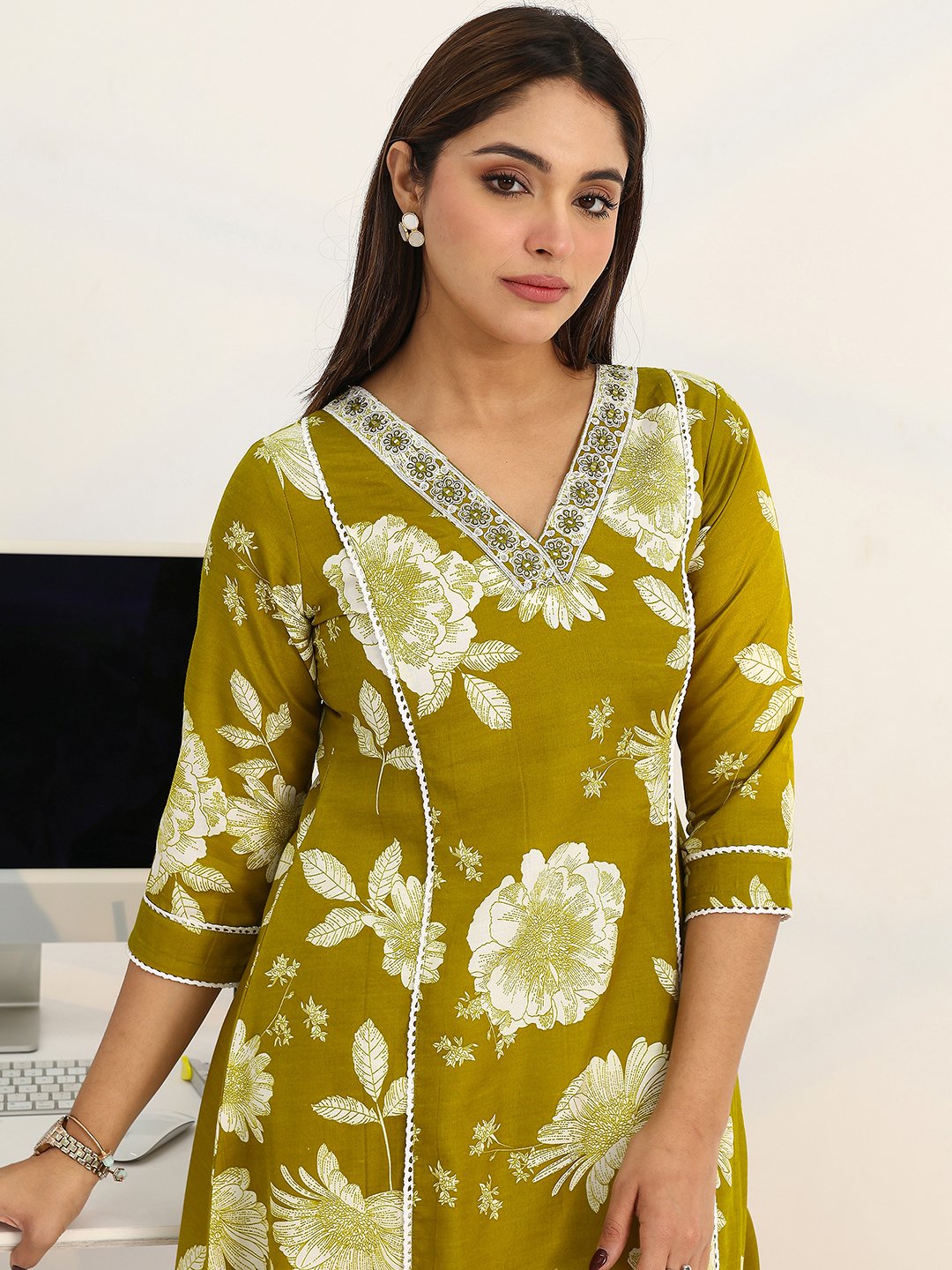 Green Printed Cotton A-Line Kurta with Trousers and Dupatta Set