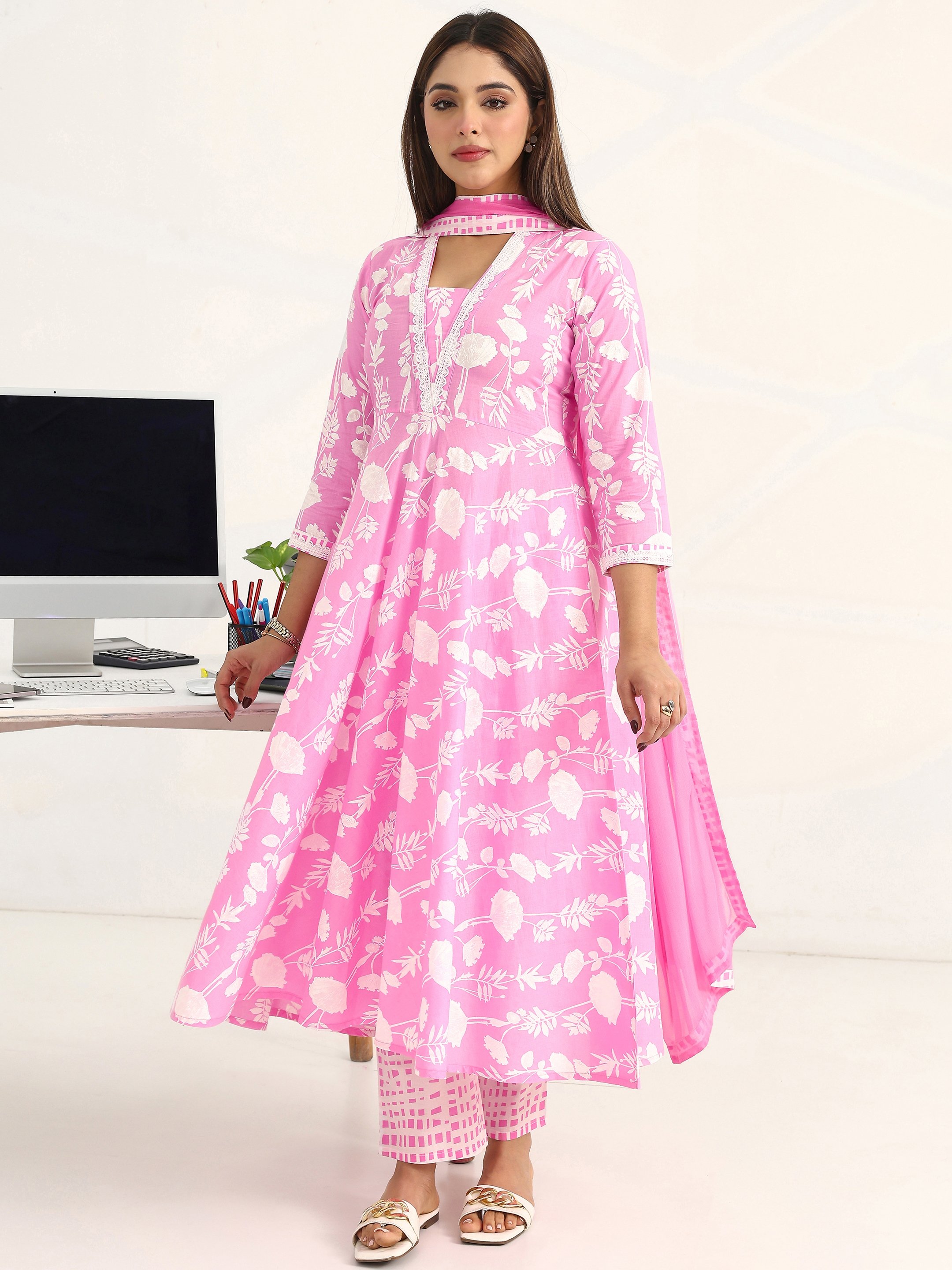Pink Printed Cotton A-Line Kurta with Trousers and Dupatta Set