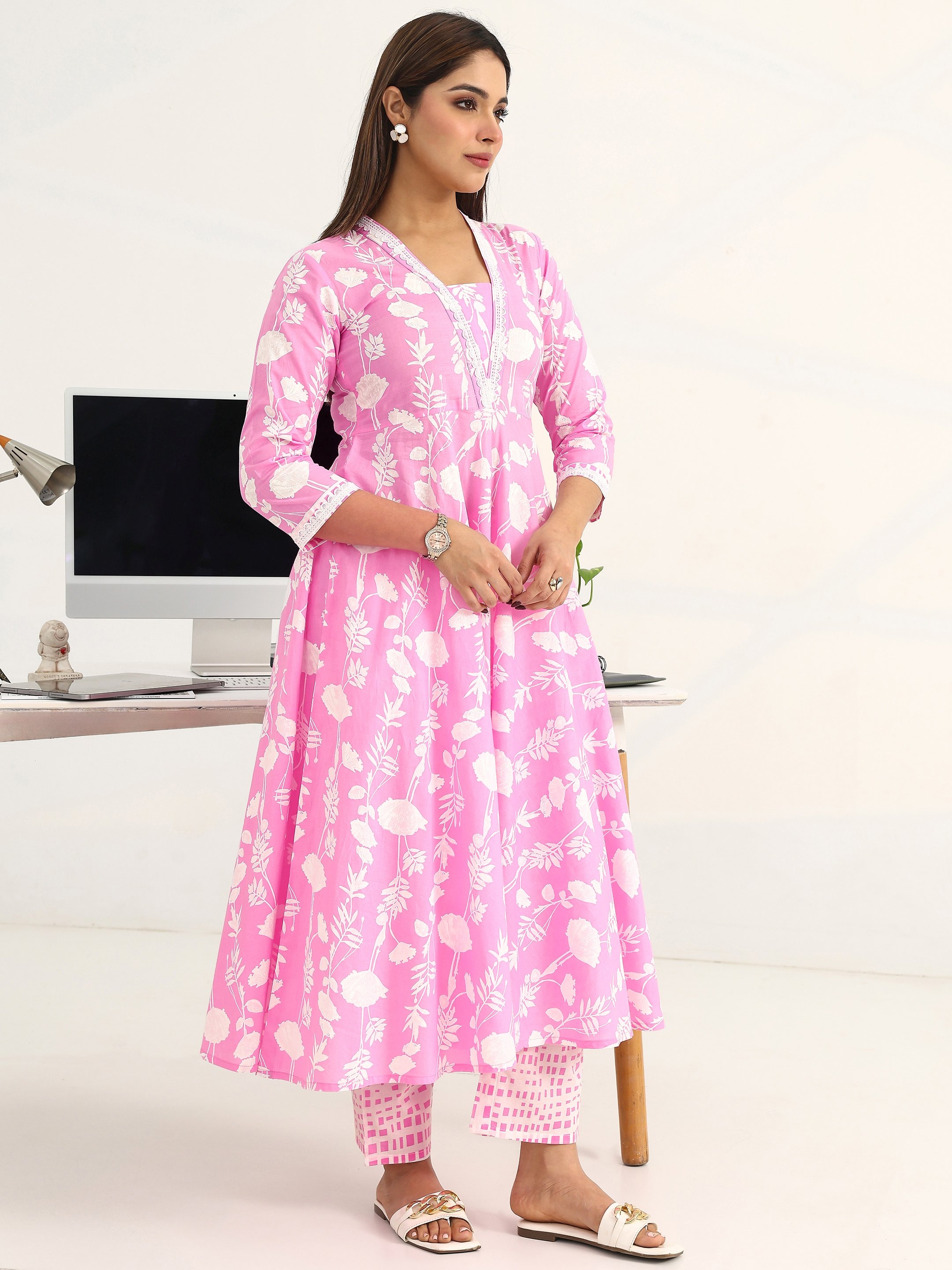 Pink Printed Cotton A-Line Kurta with Trousers and Dupatta Set