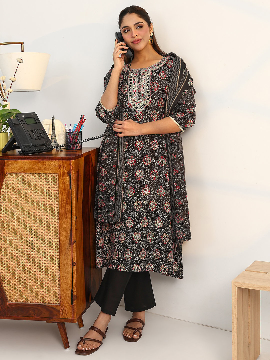 Black Printed Cotton A-Line Kurta with Trousers and Dupatta Set