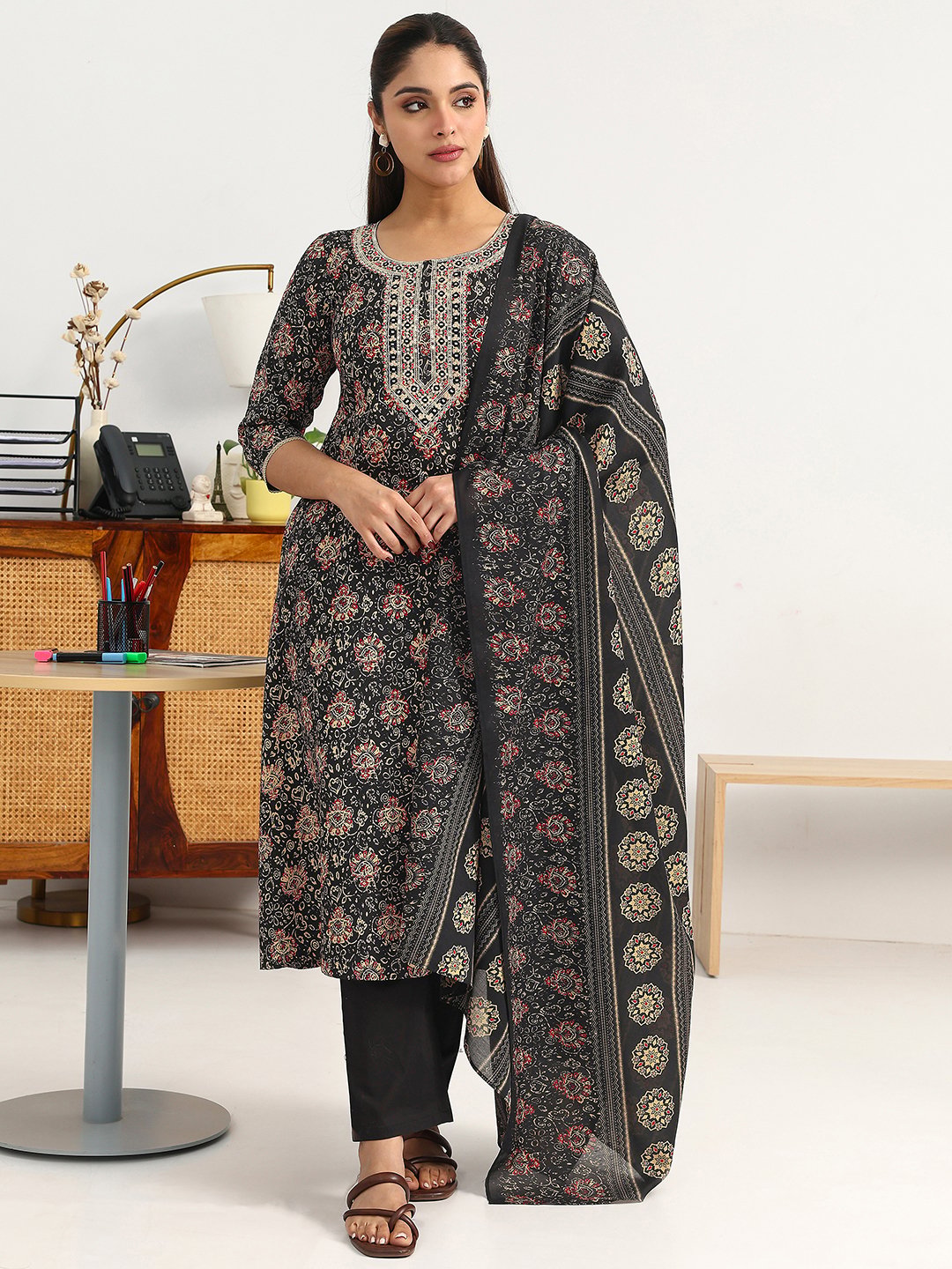 Black Printed Cotton A-Line Kurta with Trousers and Dupatta Set