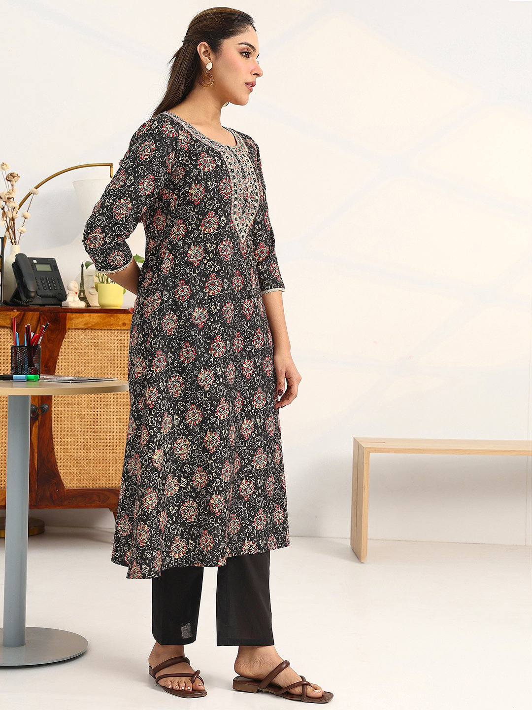 Black Printed Cotton A-Line Kurta with Trousers and Dupatta Set
