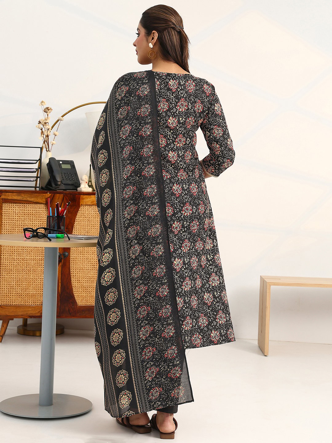 Black Printed Cotton A-Line Kurta with Trousers and Dupatta Set