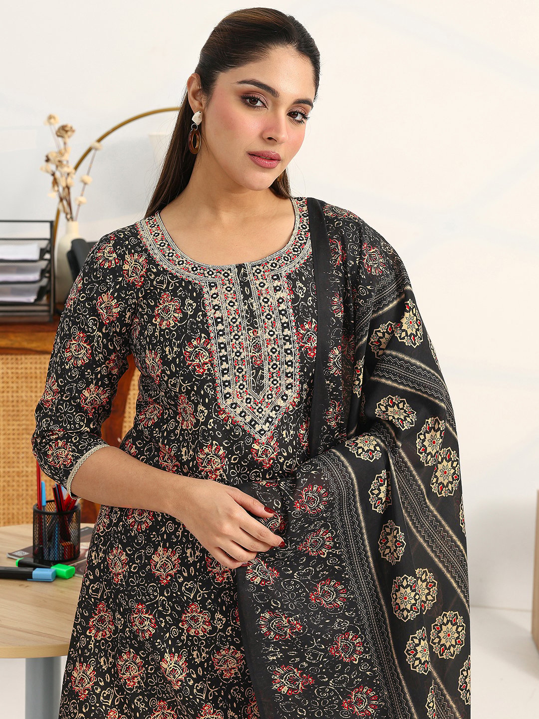 Black Printed Cotton A-Line Kurta with Trousers and Dupatta Set