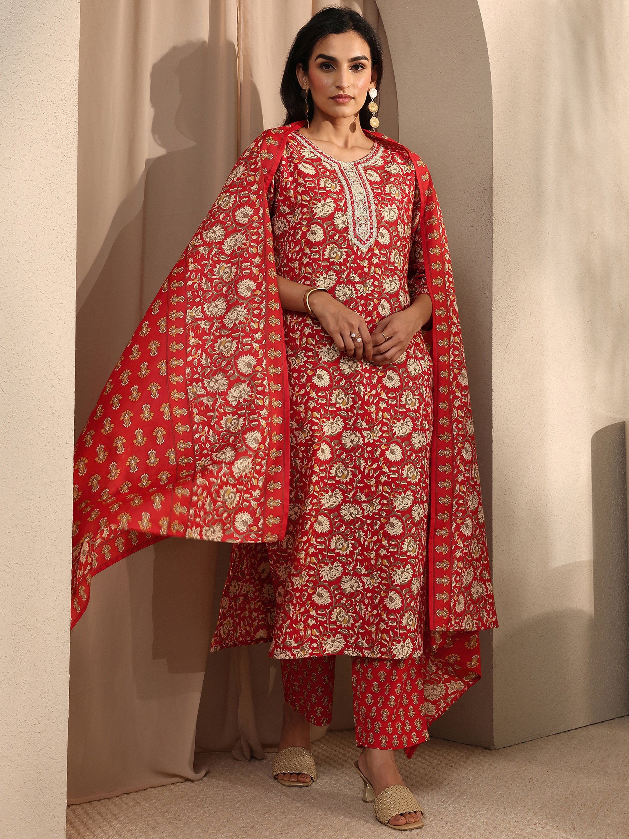 Rust Printed Cotton Blend Straight Kurta with Trousers and Dupatta Set