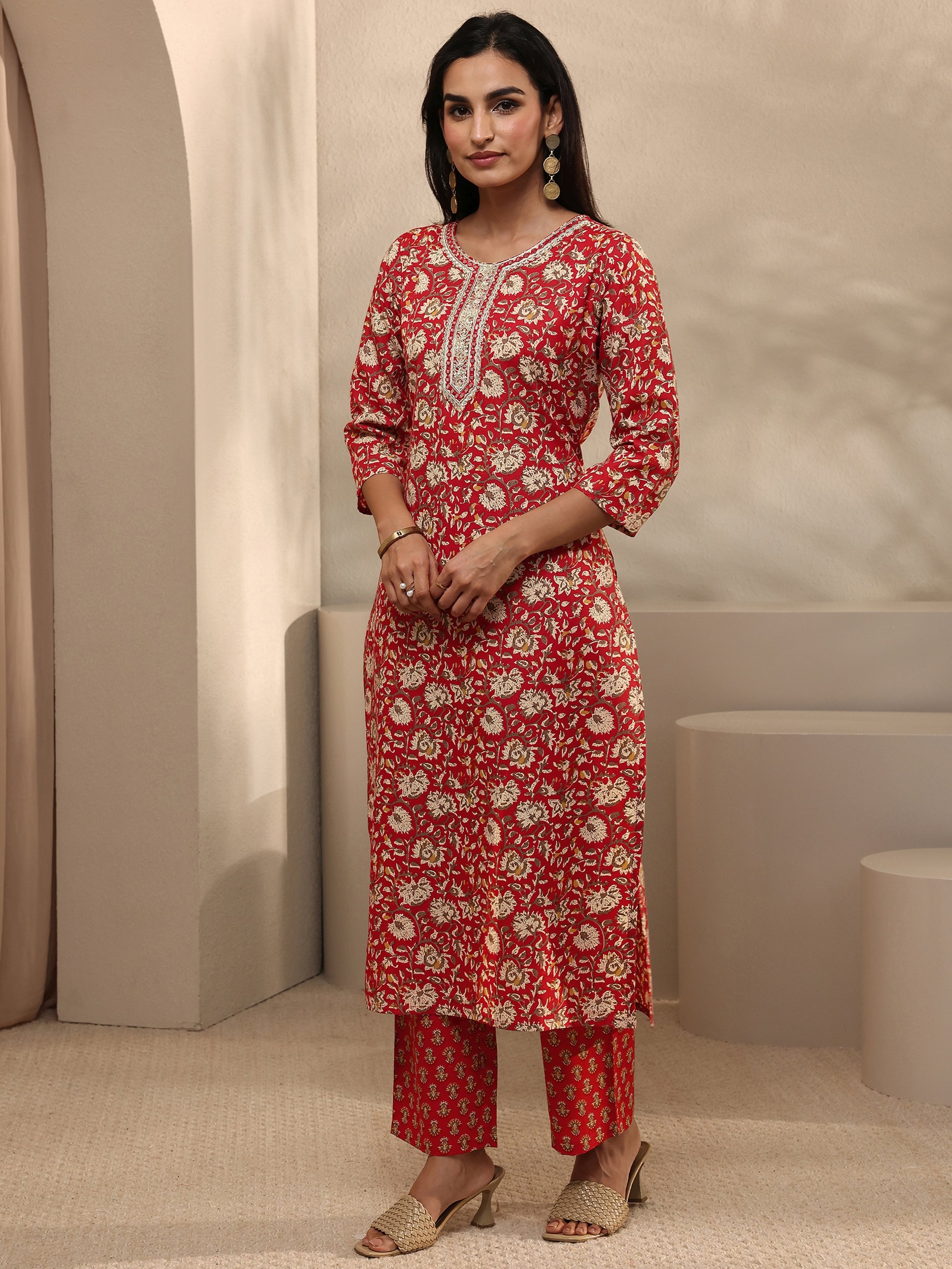 Rust Printed Cotton Blend Straight Kurta with Trousers and Dupatta Set
