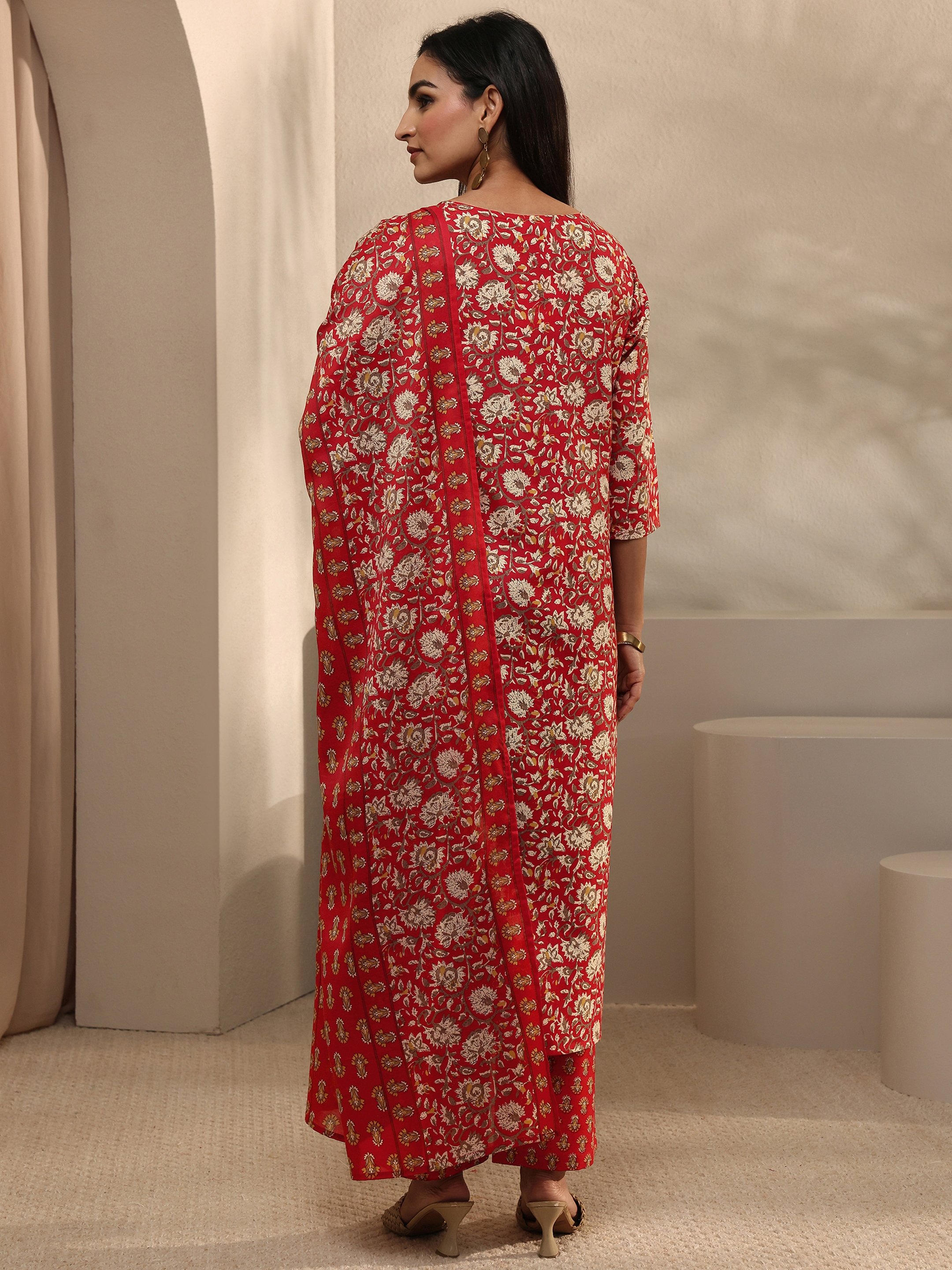 Rust Printed Cotton Blend Straight Kurta with Trousers and Dupatta Set