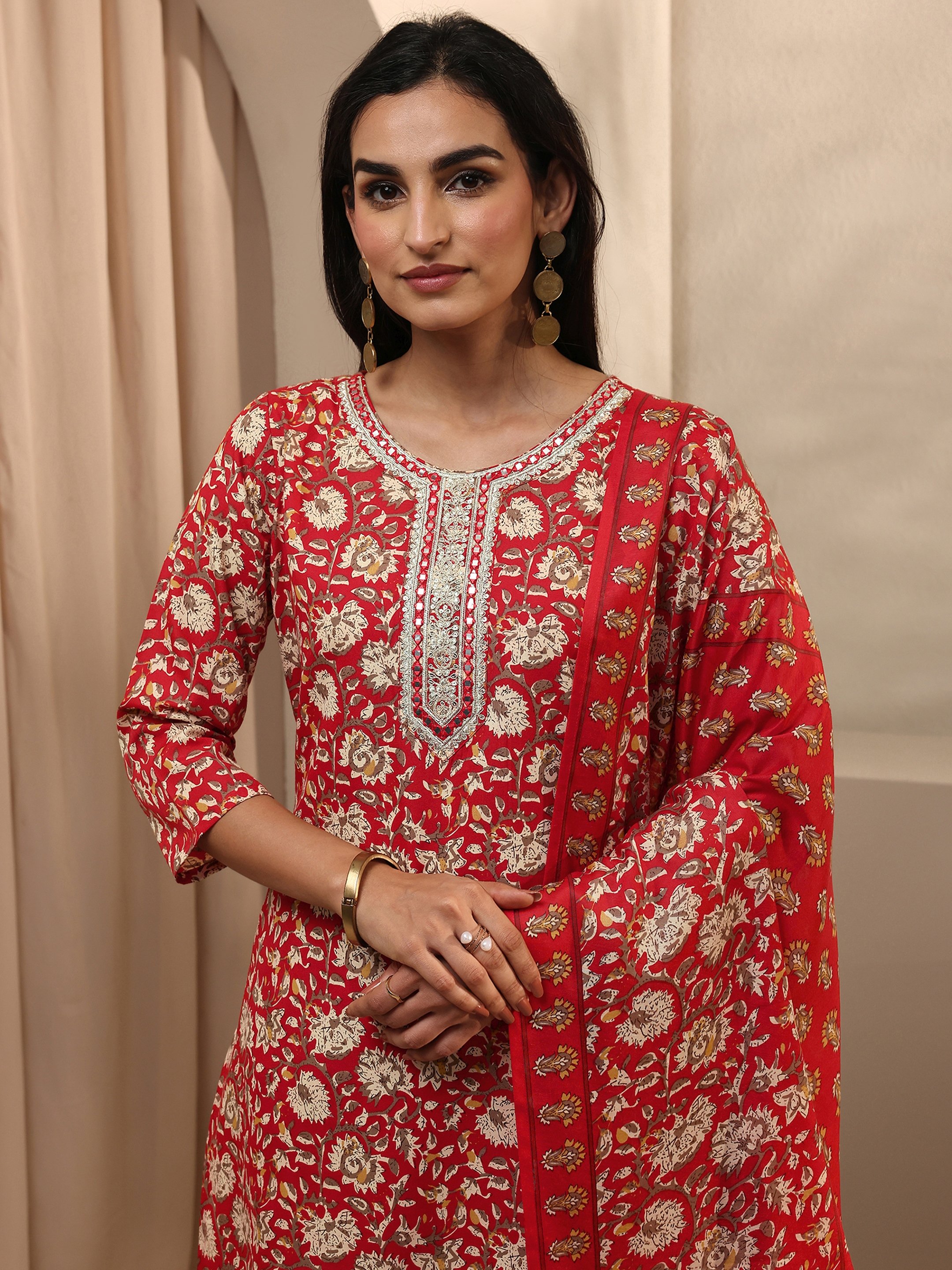 Rust Printed Cotton Blend Straight Kurta with Trousers and Dupatta Set