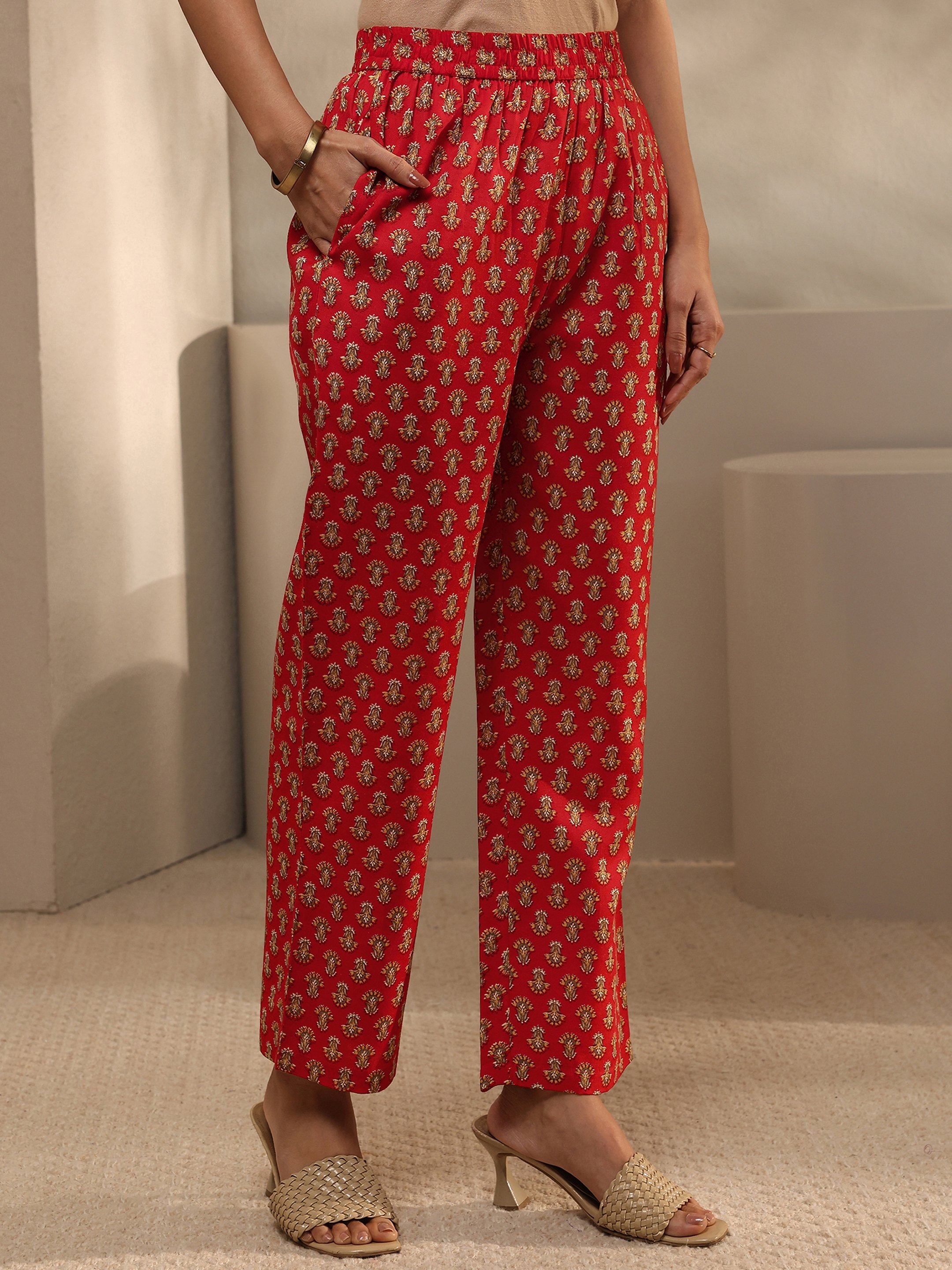 Rust Printed Cotton Blend Straight Kurta with Trousers and Dupatta Set