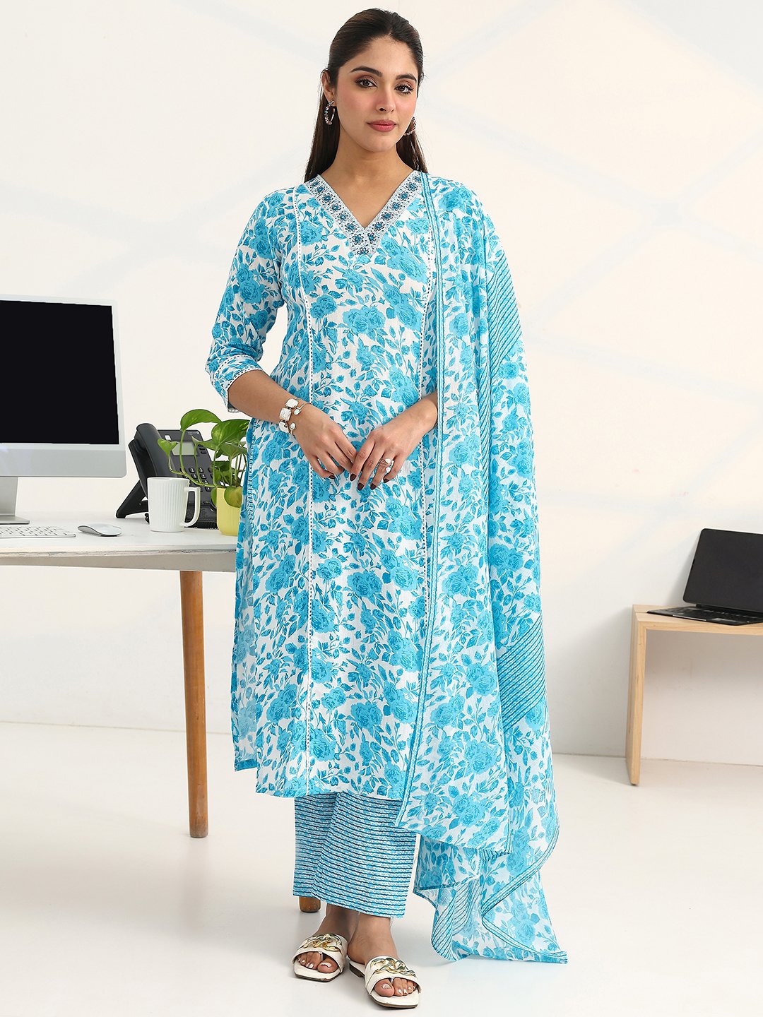 Blue Printed Cotton Straight Kurta with Trousers and Dupatta Set