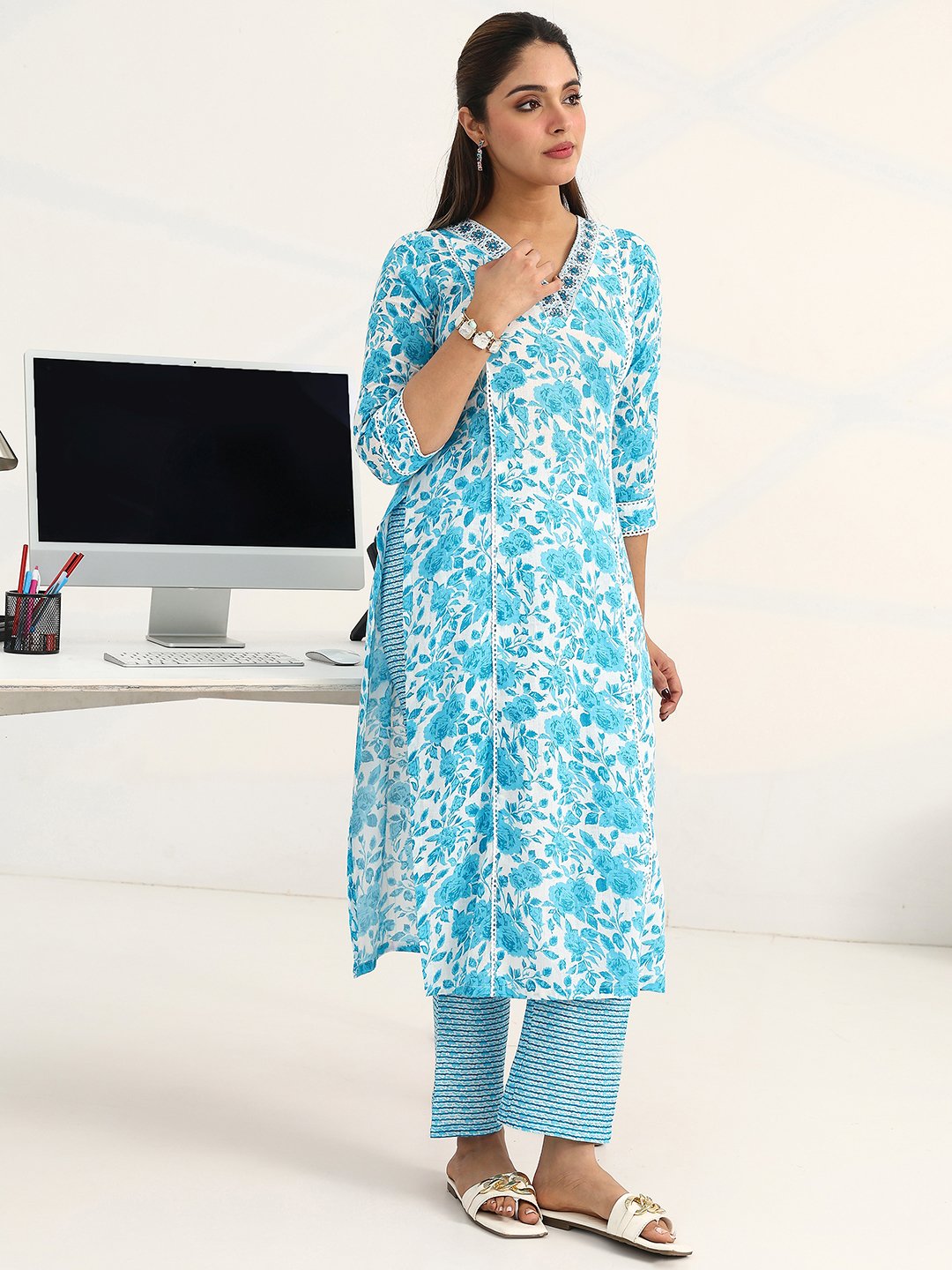 Blue Printed Cotton Straight Kurta with Trousers and Dupatta Set