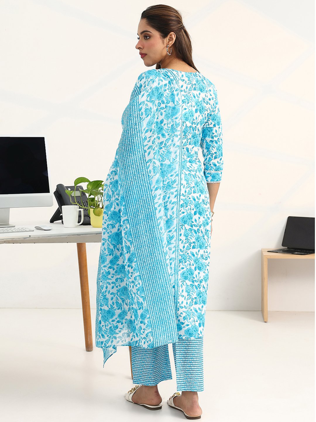 Blue Printed Cotton Straight Kurta with Trousers and Dupatta Set
