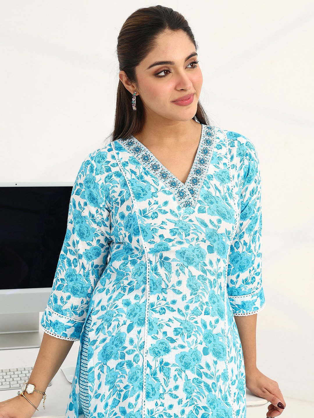 Blue Printed Cotton Straight Kurta with Trousers and Dupatta Set