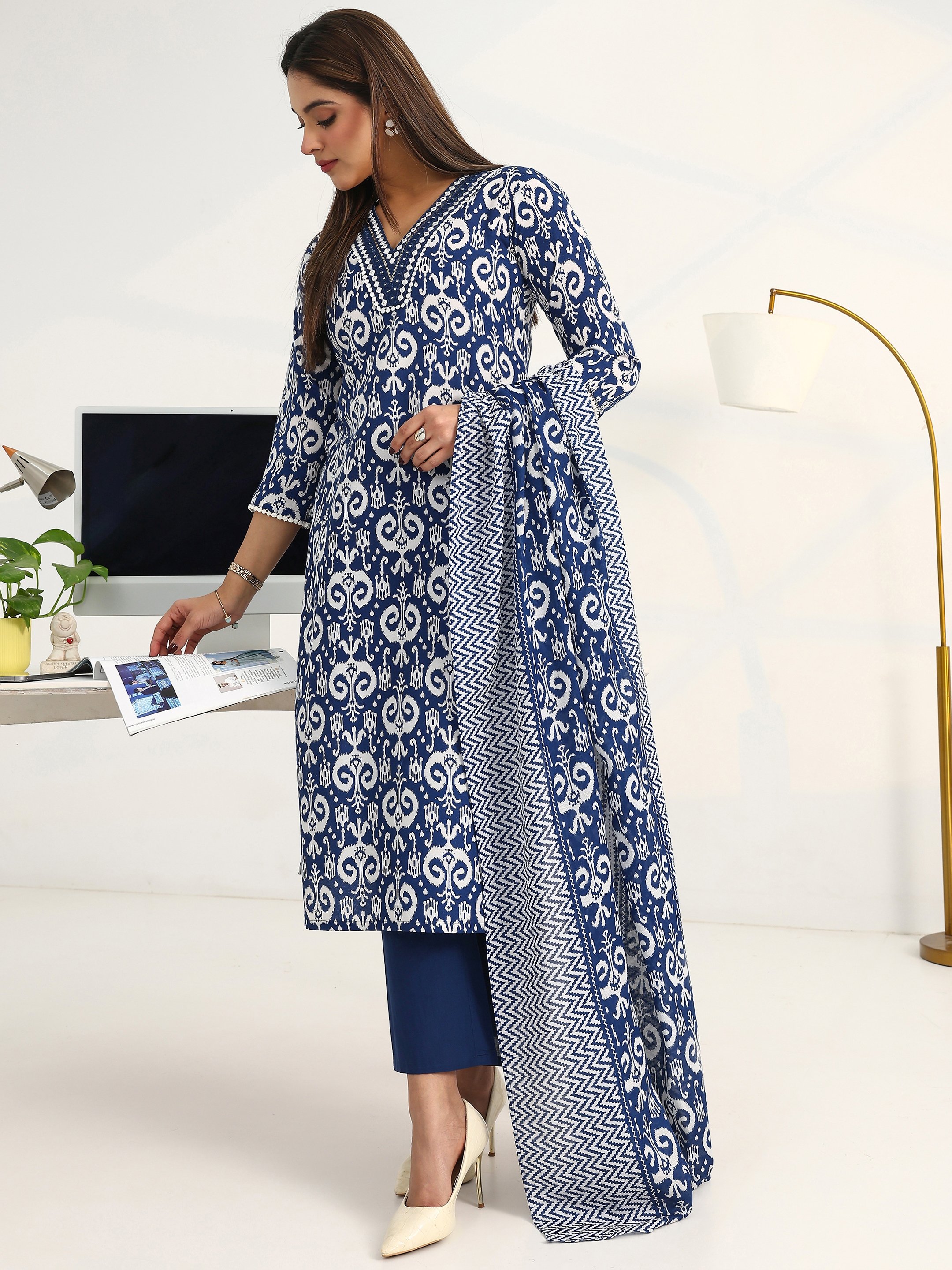 Blue Printed Cotton Straight Kurta with Trousers and Dupatta Set