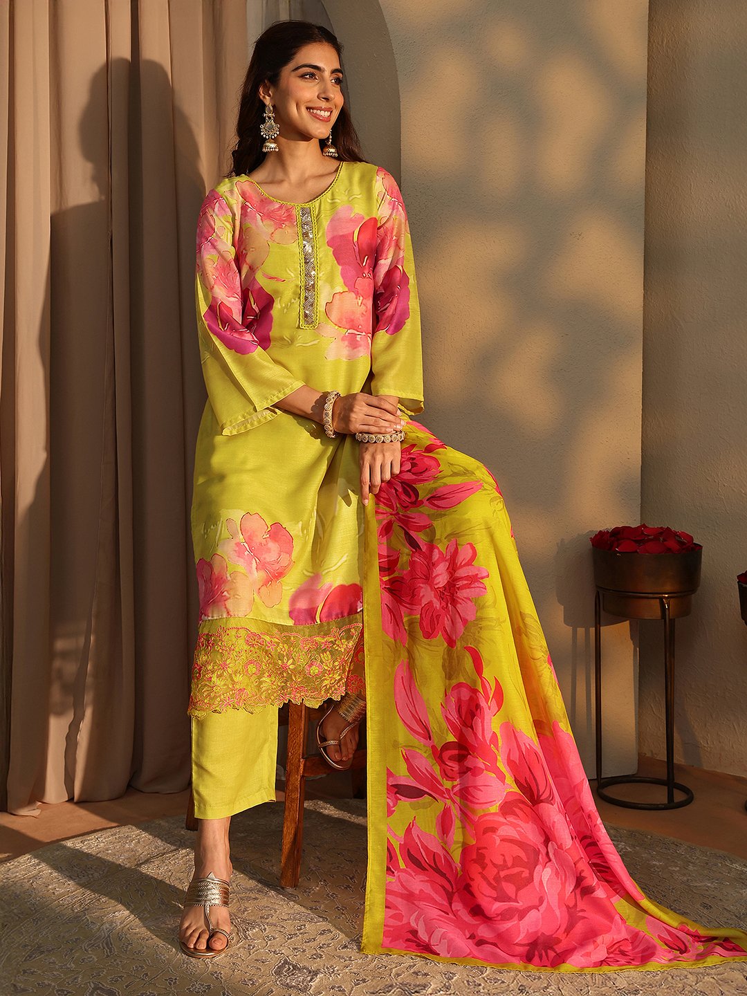 Mustard Printed Cotton Blend Straight Kurta with Trousers and Dupatta Set