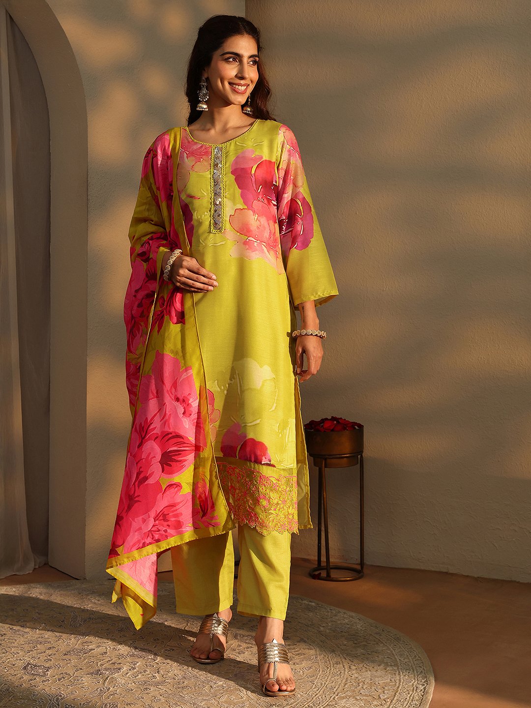 Mustard Printed Cotton Blend Straight Kurta with Trousers and Dupatta Set