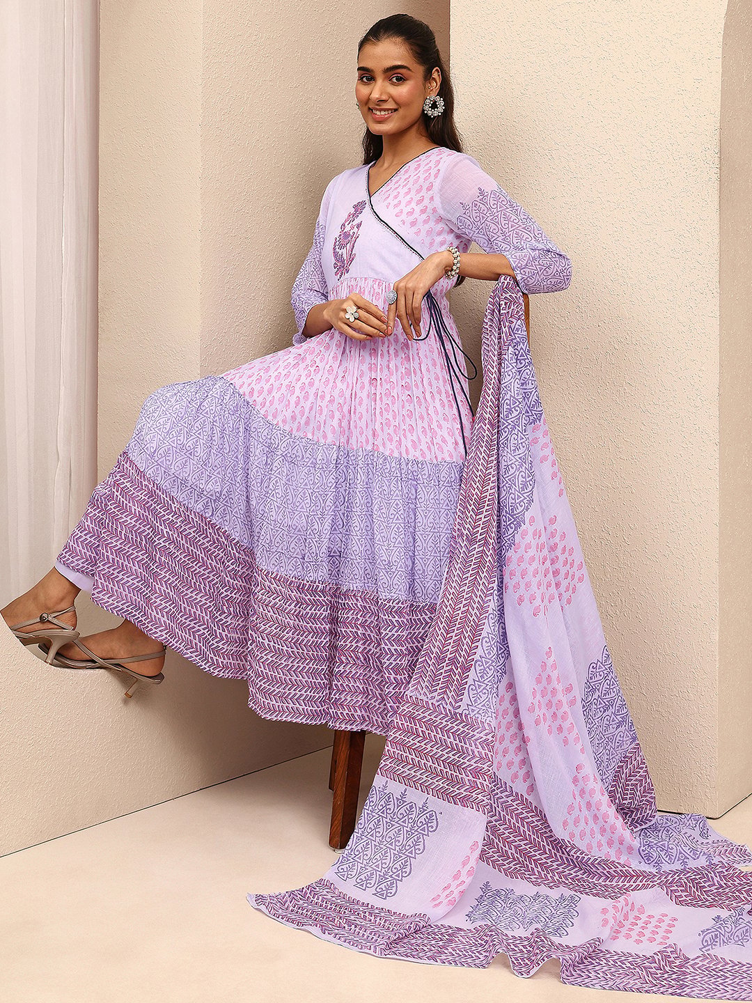Lavender Printed Cotton Anarkali Kurta with Trousers and Dupatta Set