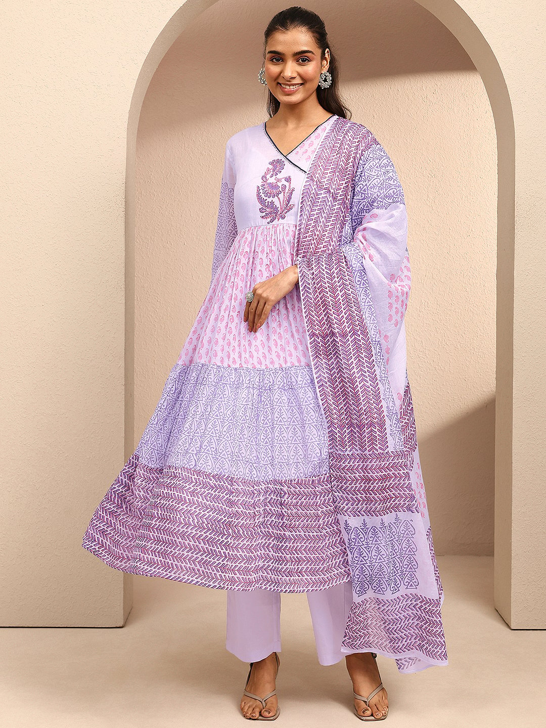 Lavender Printed Cotton Anarkali Kurta with Trousers and Dupatta Set