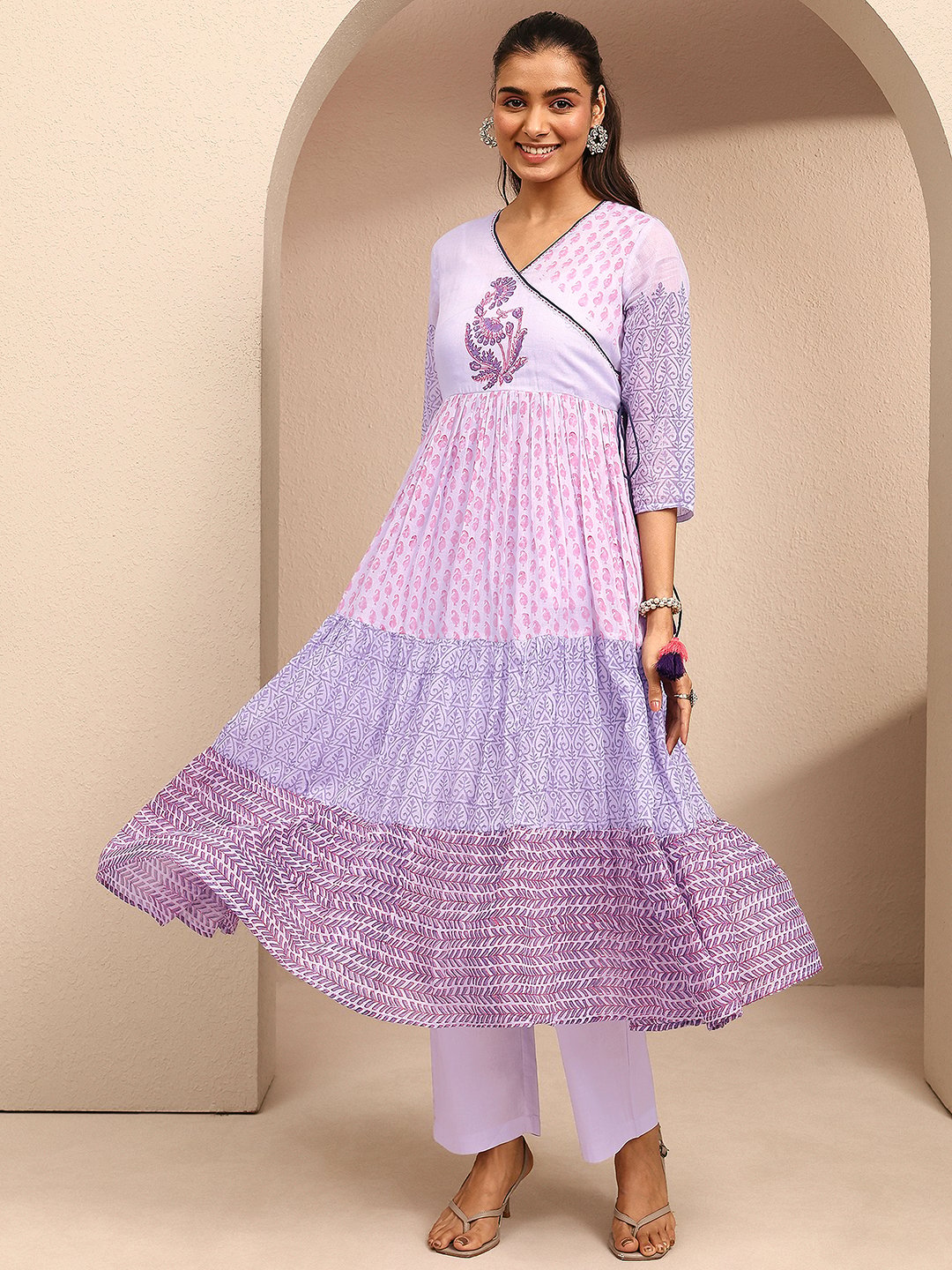 Lavender Printed Cotton Anarkali Kurta with Trousers and Dupatta Set