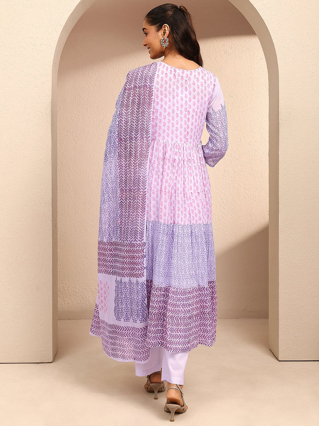Lavender Printed Cotton Anarkali Kurta with Trousers and Dupatta Set
