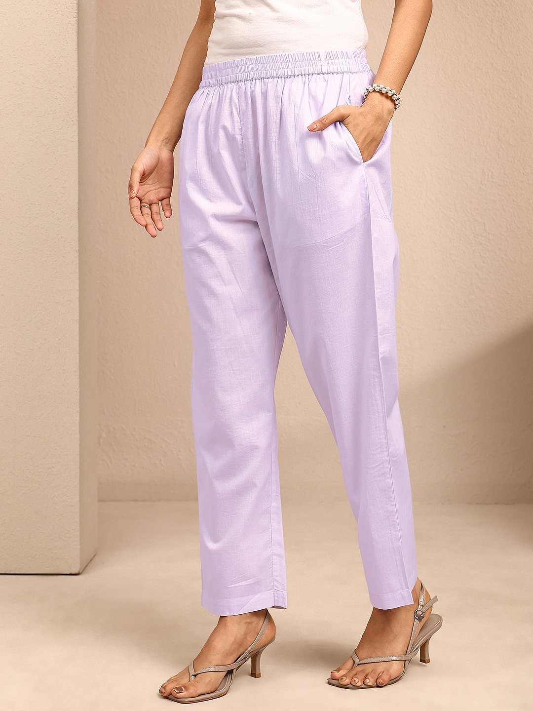 Lavender Printed Cotton Anarkali Kurta with Trousers and Dupatta Set