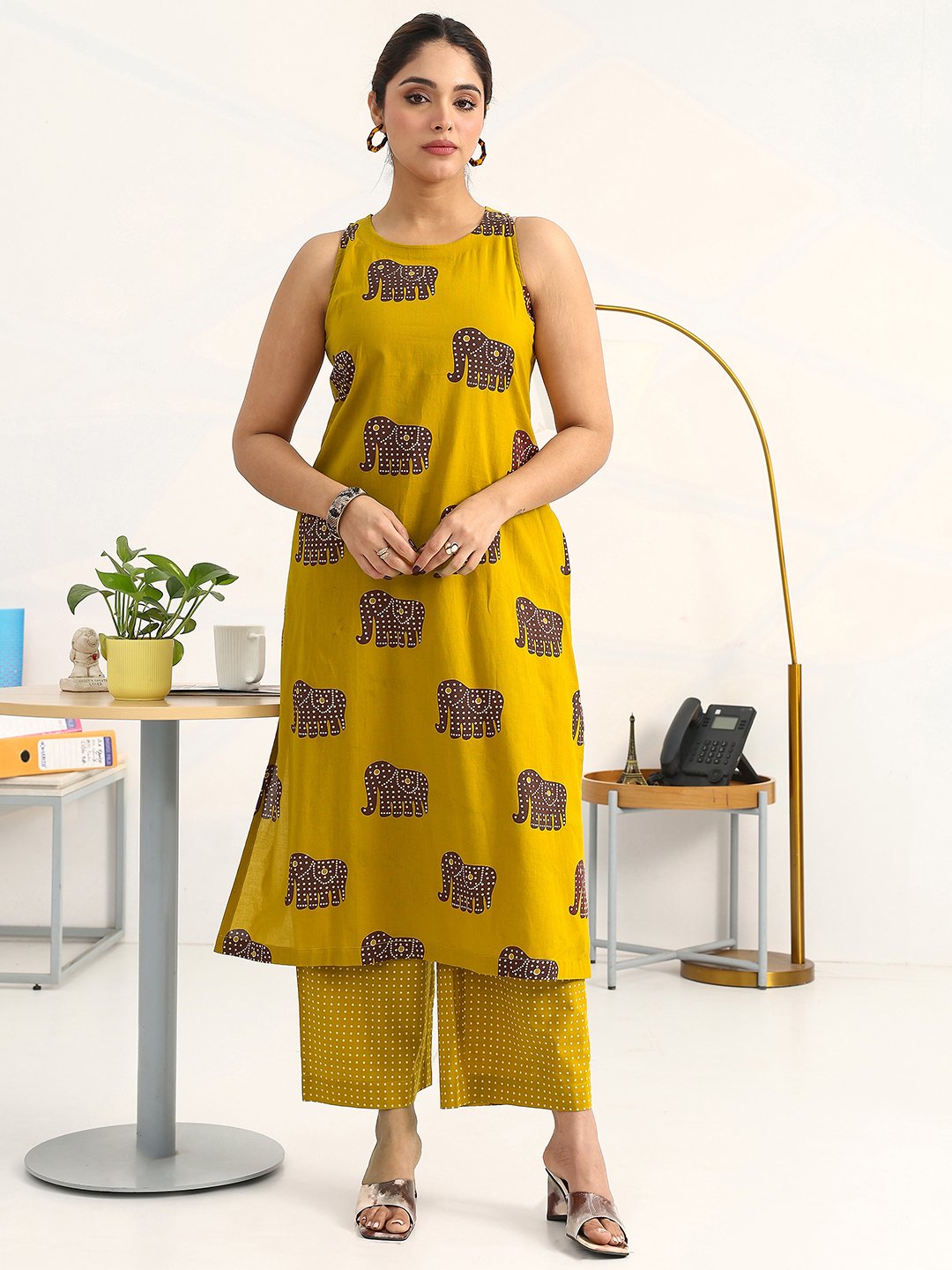 Mustard Printed Cotton Straight Kurti with Palazzos Set