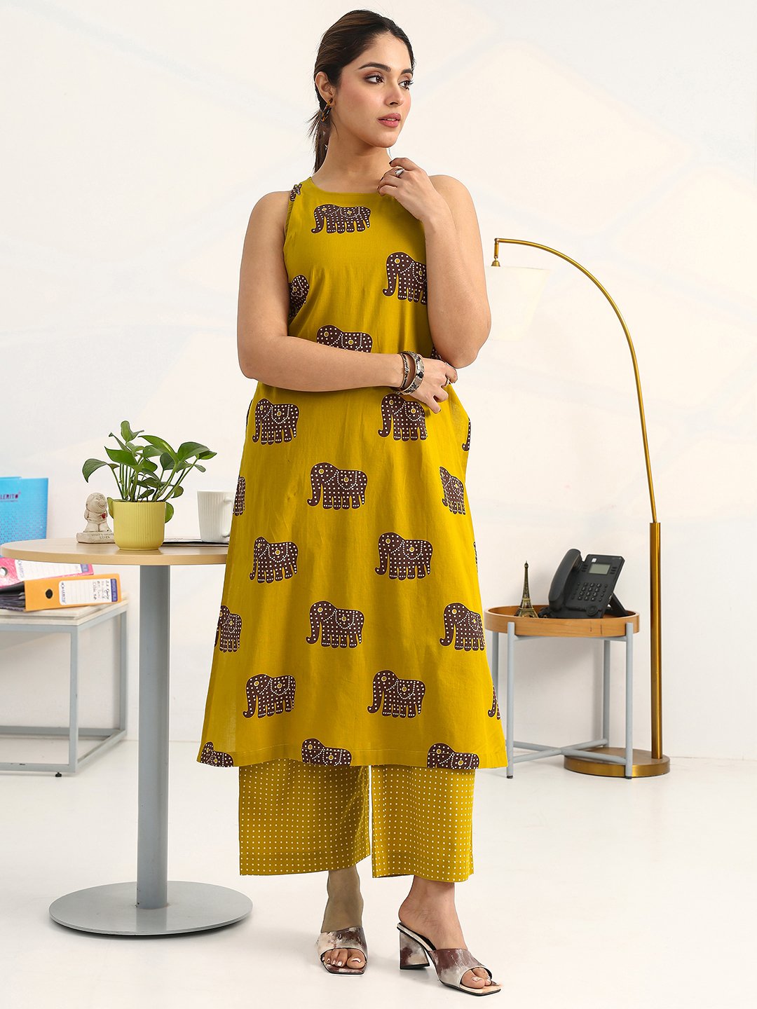 Mustard Printed Cotton Straight Kurti with Palazzos Set