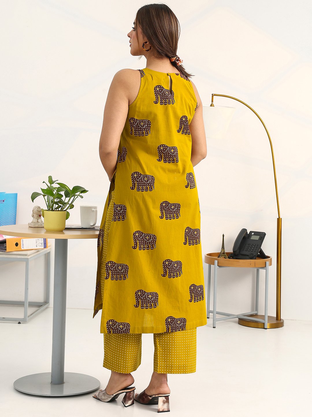 Mustard Printed Cotton Straight Kurti with Palazzos Set