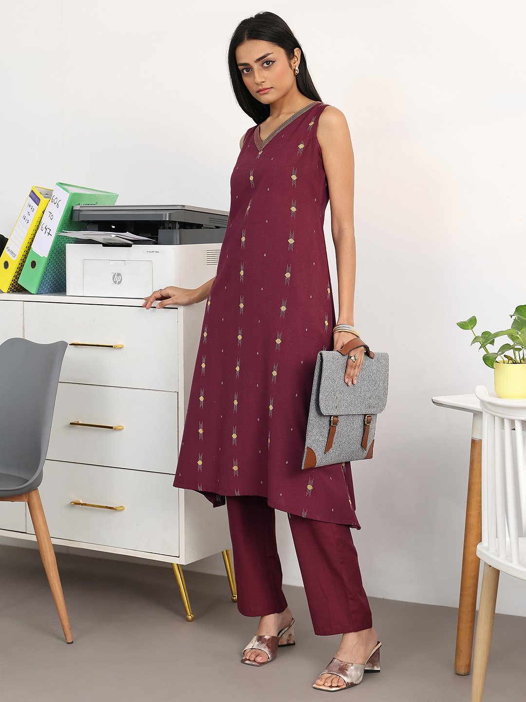 Maroon Printed Cotton Blend A-Line Kurta with Trousers Set