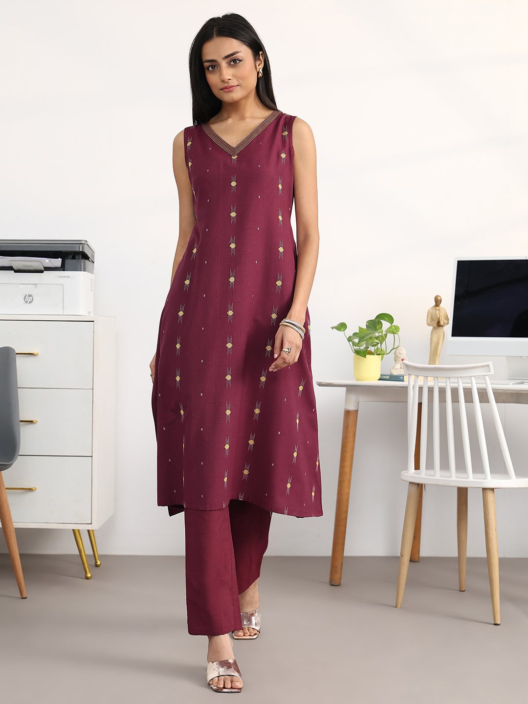Maroon Printed Cotton Blend A-Line Kurta with Trousers Set