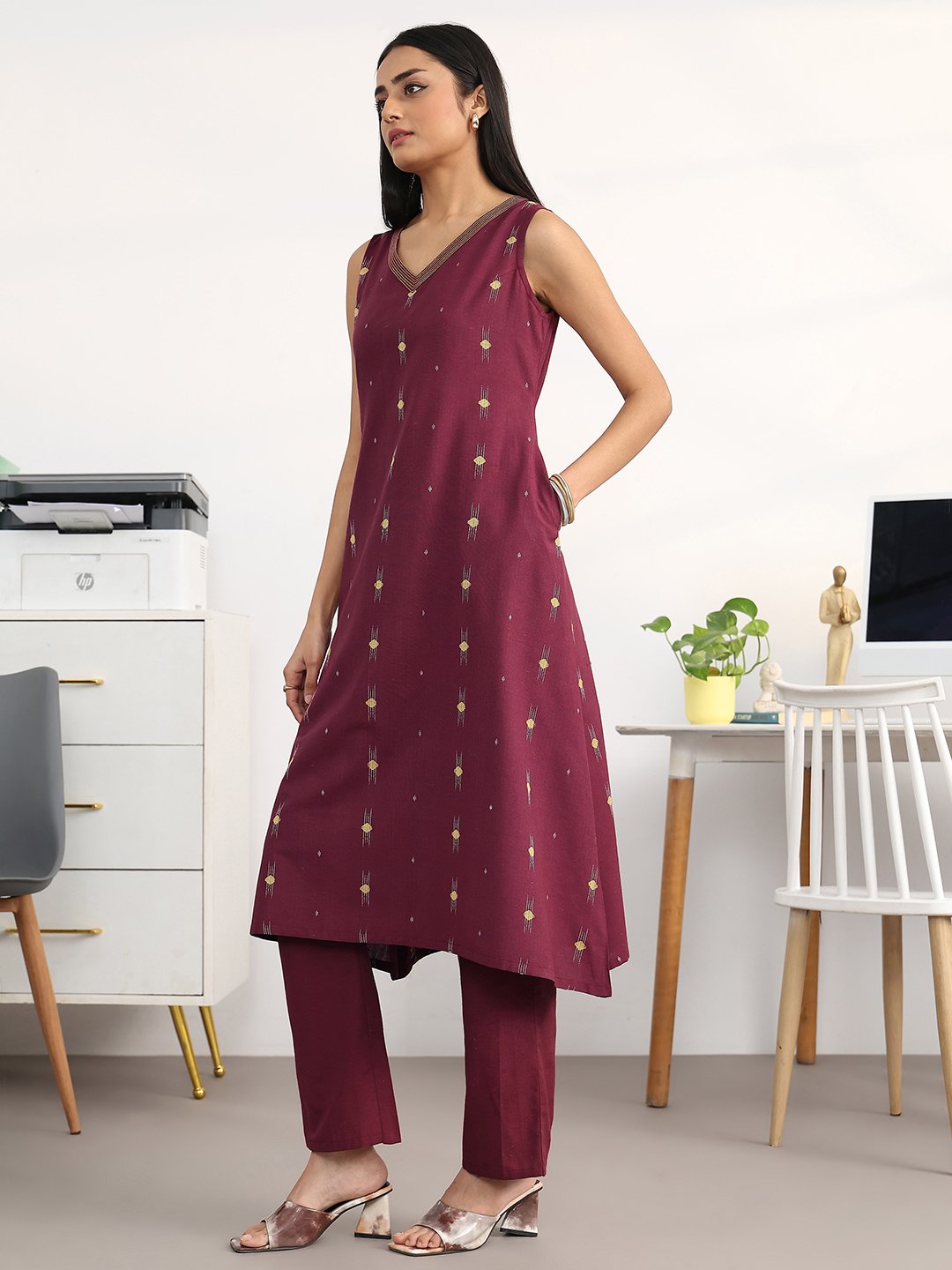 Maroon Printed Cotton Blend A-Line Kurta with Trousers Set