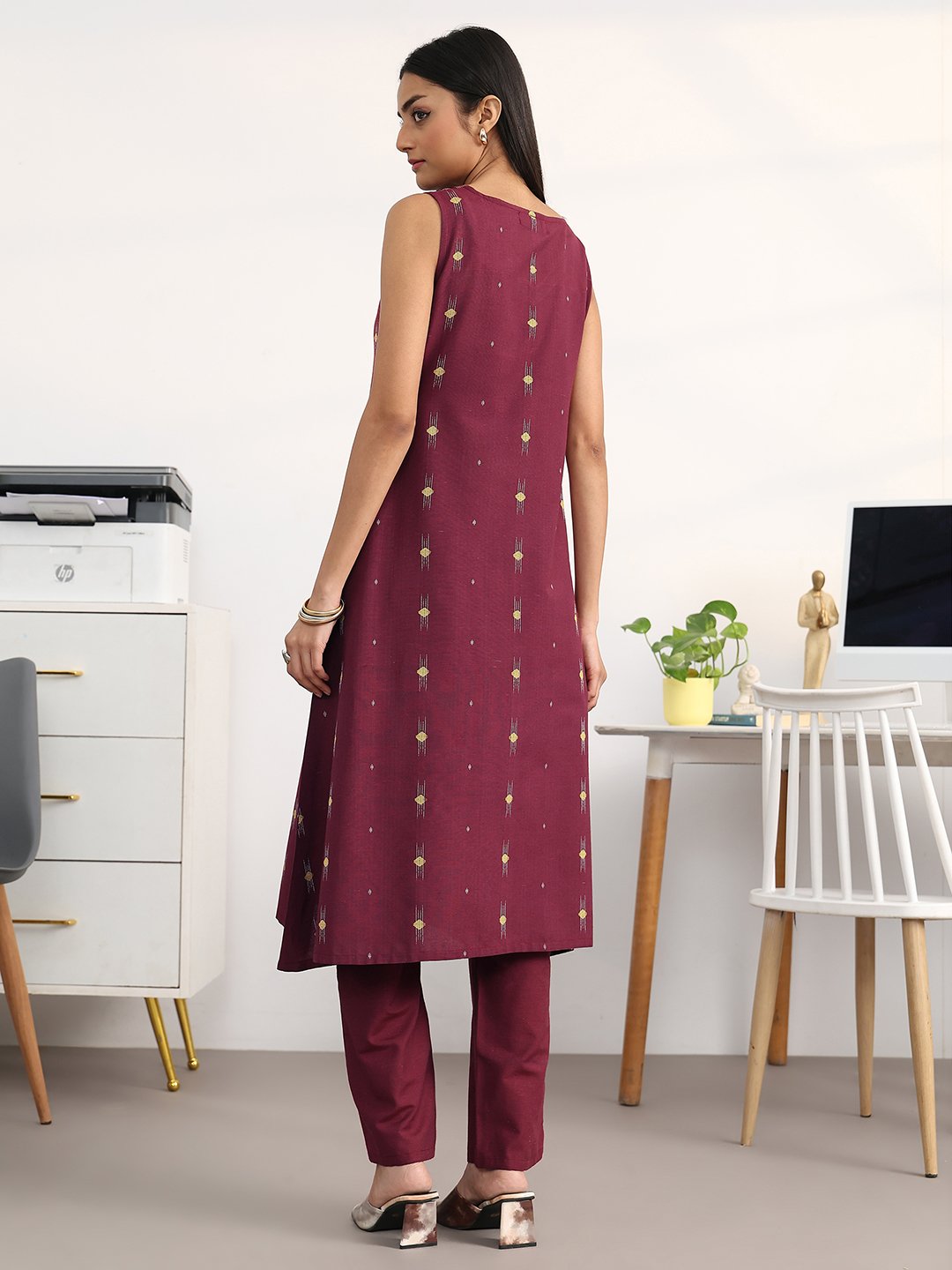 Maroon Printed Cotton Blend A-Line Kurta with Trousers Set